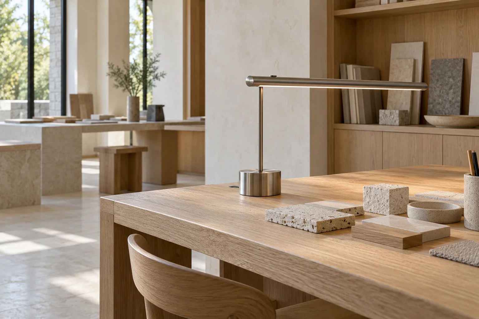 Oak and brushed metal worktable connection