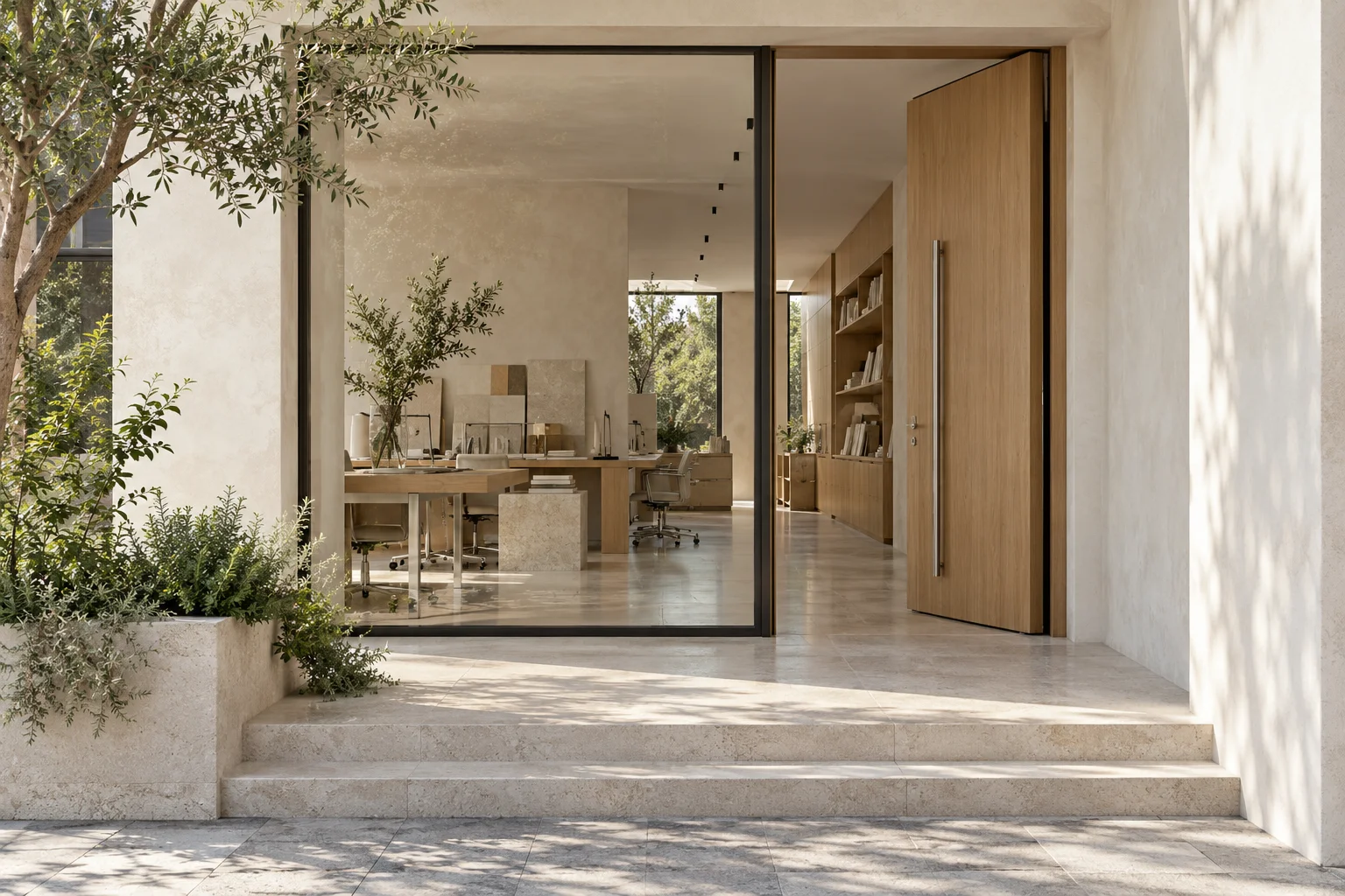 Creative studio entrance in oak and pale plaster