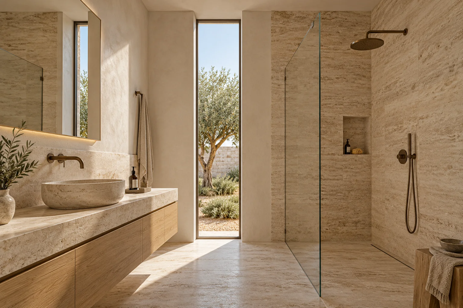 Travertine bathroom with daylight above the basin