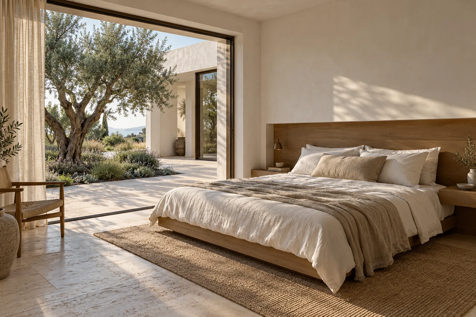 Calm bedroom with oak joinery and white plaster walls