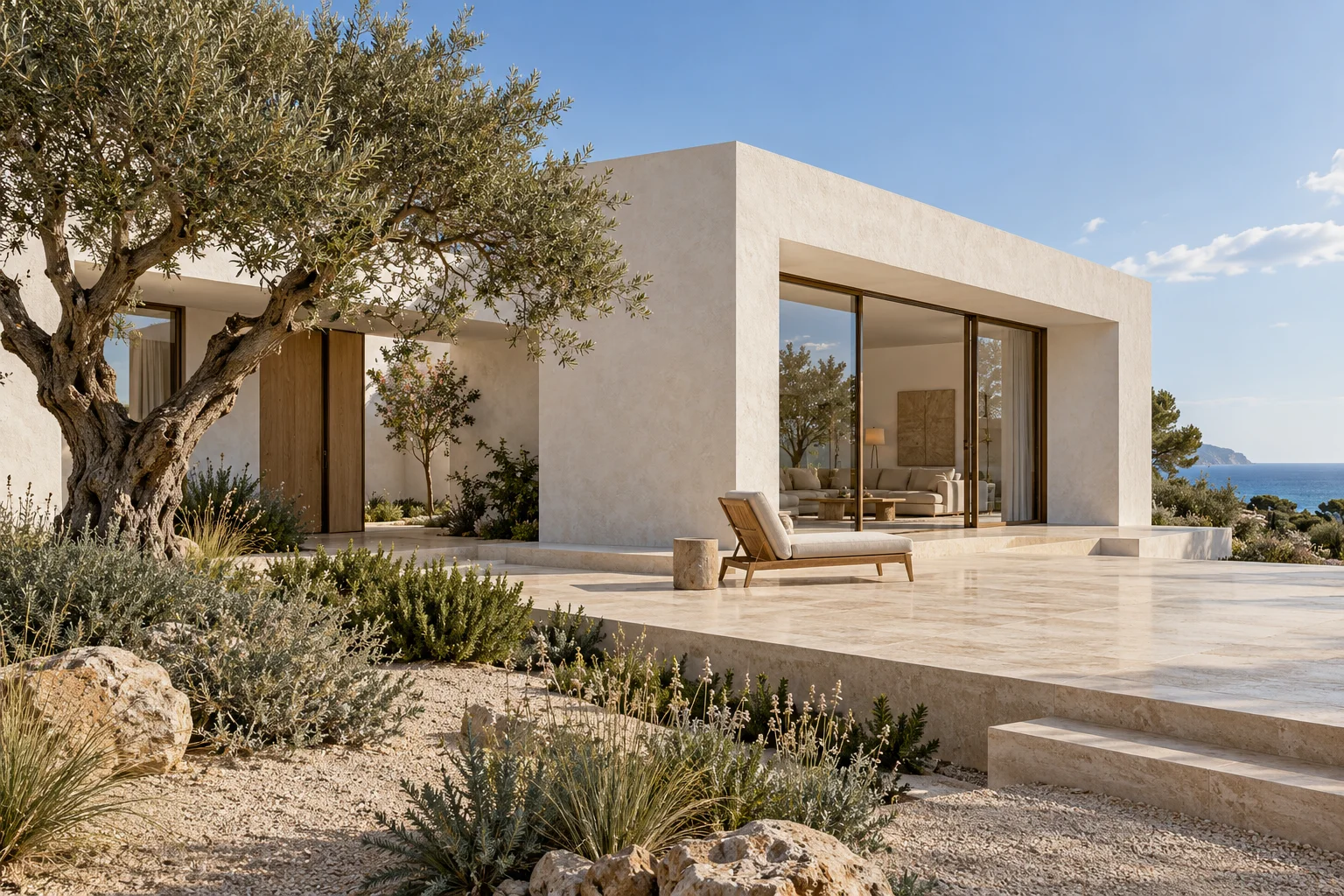 White plaster courtyard villa with oak screens and deep coastal shade