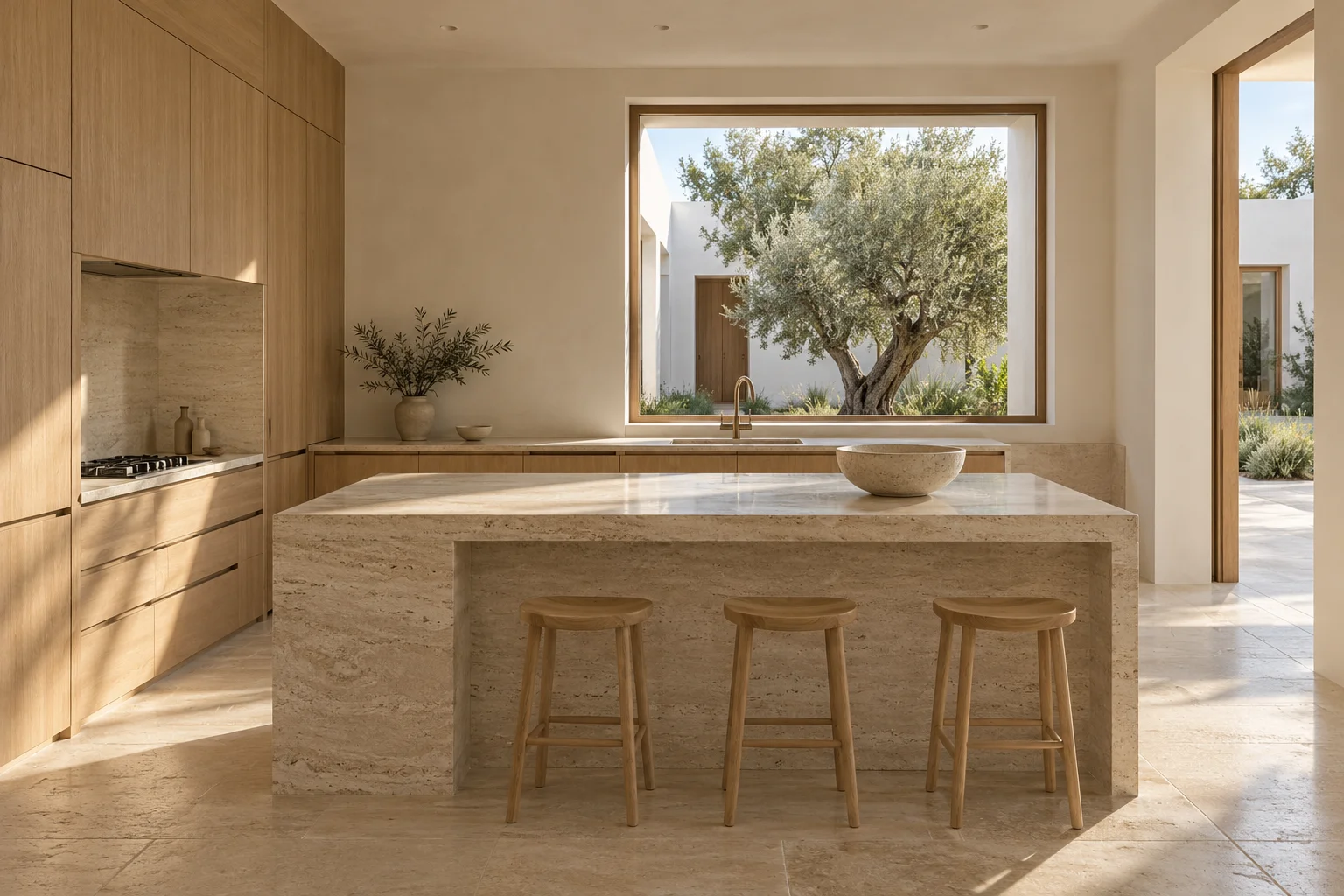 Oak kitchen and travertine island in Casa Sol