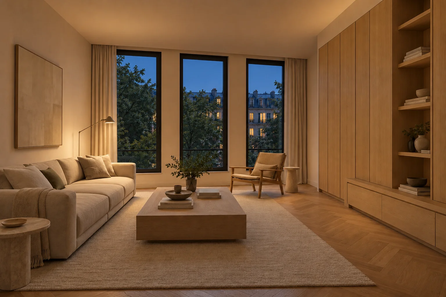 The same Northlight living room under evening light