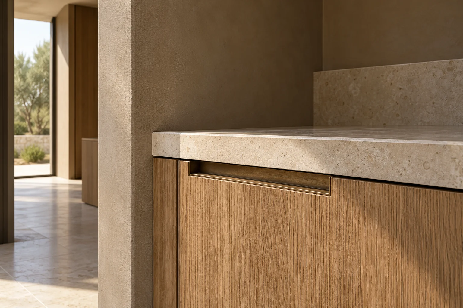 Precise junction between oak joinery and limestone