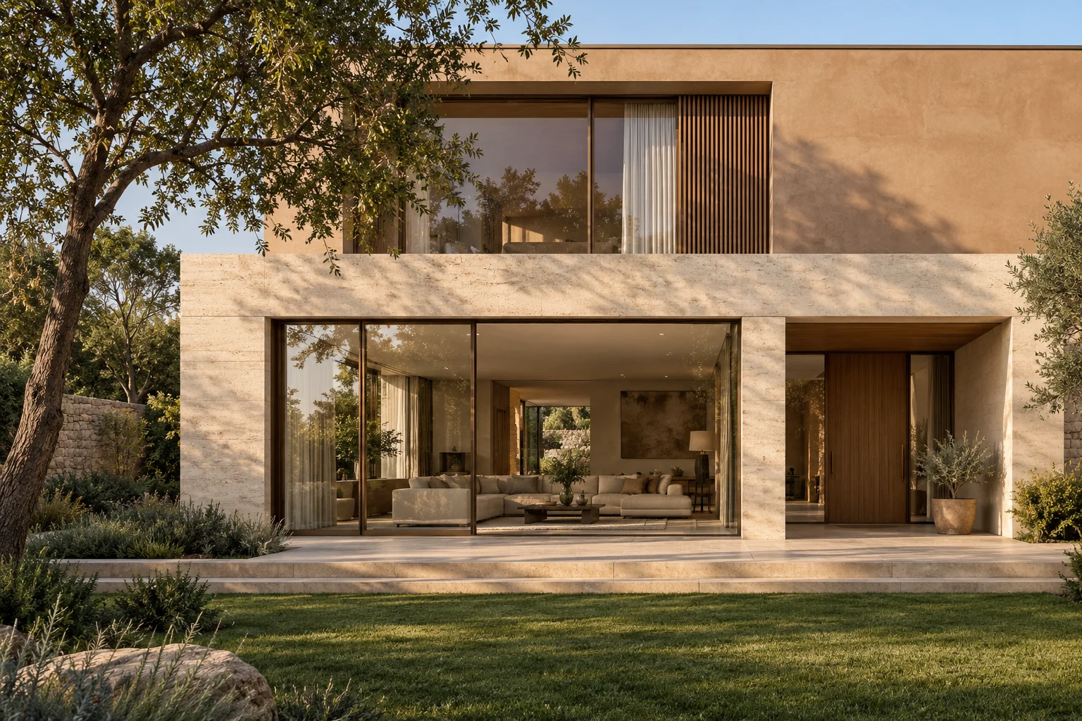 Linear contemporary family house with limestone and oak facade