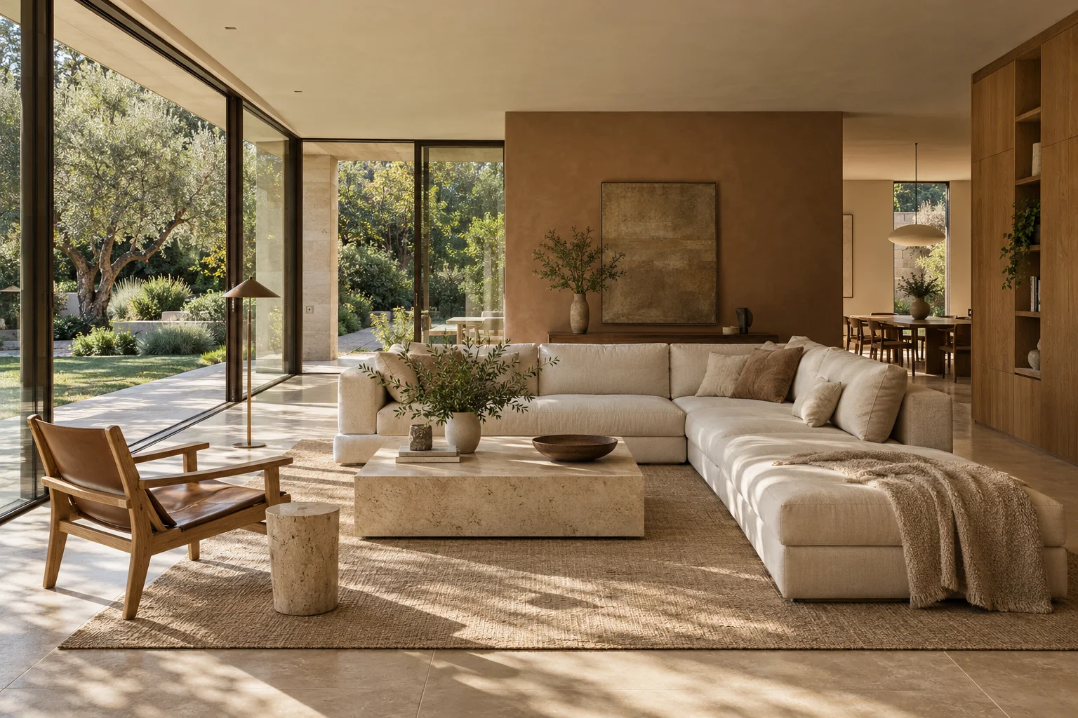 Family living room opening to a planted garden