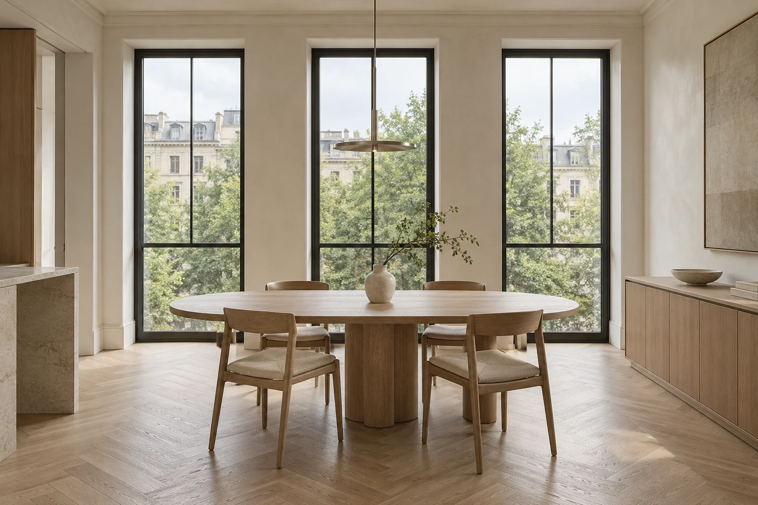 Dining area beside broad apartment windows
