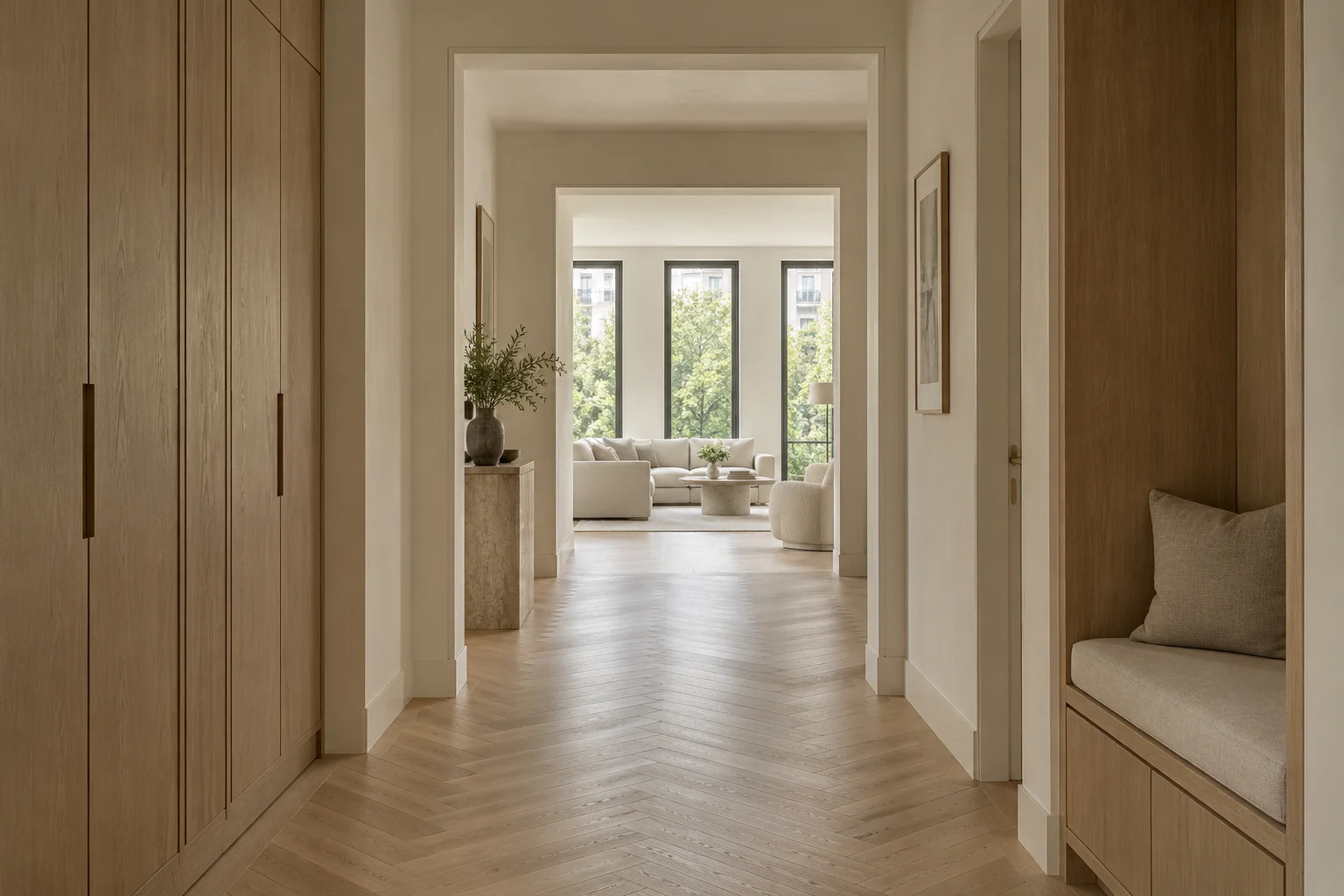 Clean apartment hallway with recessed oak storage