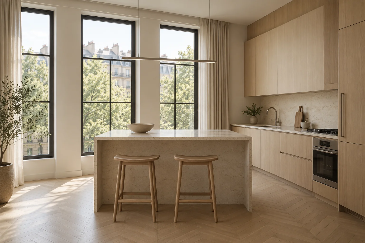 Oak and pale stone apartment kitchen
