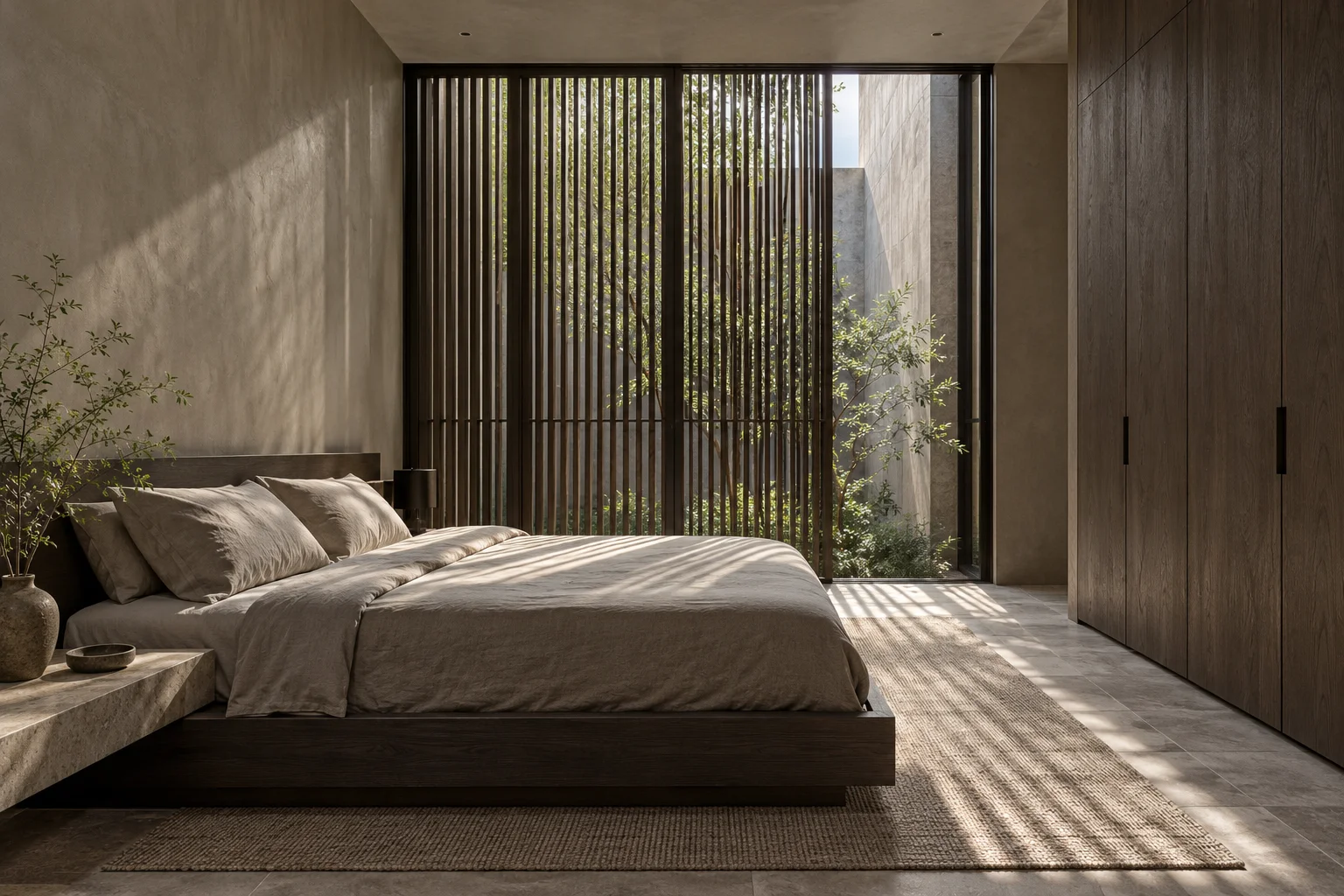 Quiet bedroom with timber screening and soft light