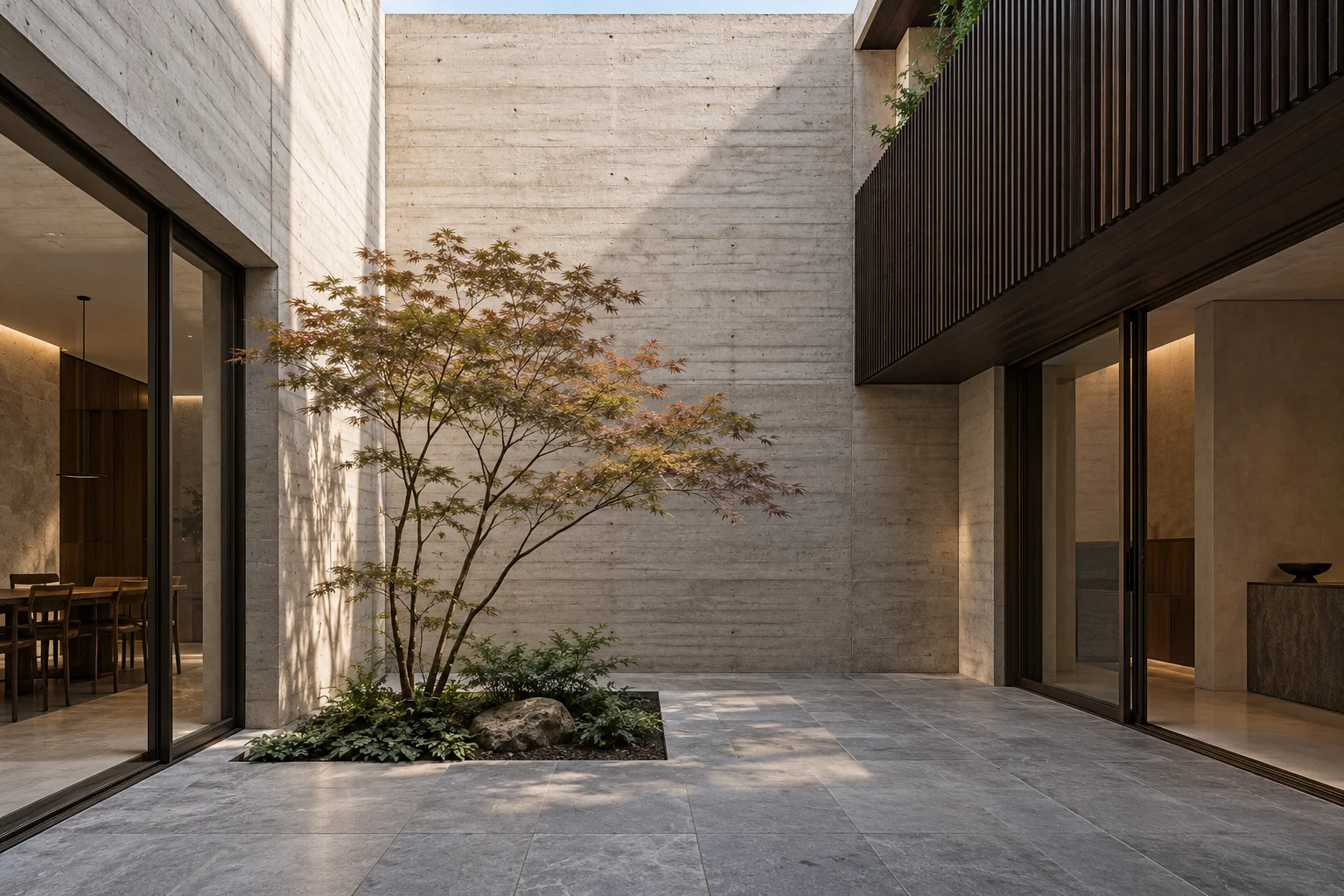 Planted courtyard enclosed by concrete and dark timber