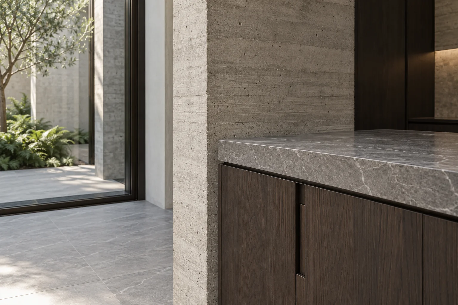 Concrete and walnut junction in the courtyard house