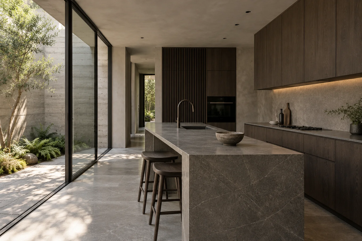 Dark timber kitchen overlooking greenery