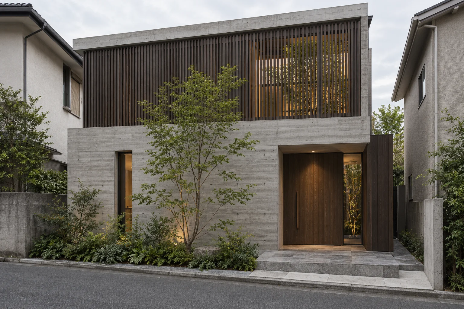 Concrete street facade with a dark timber entry screen