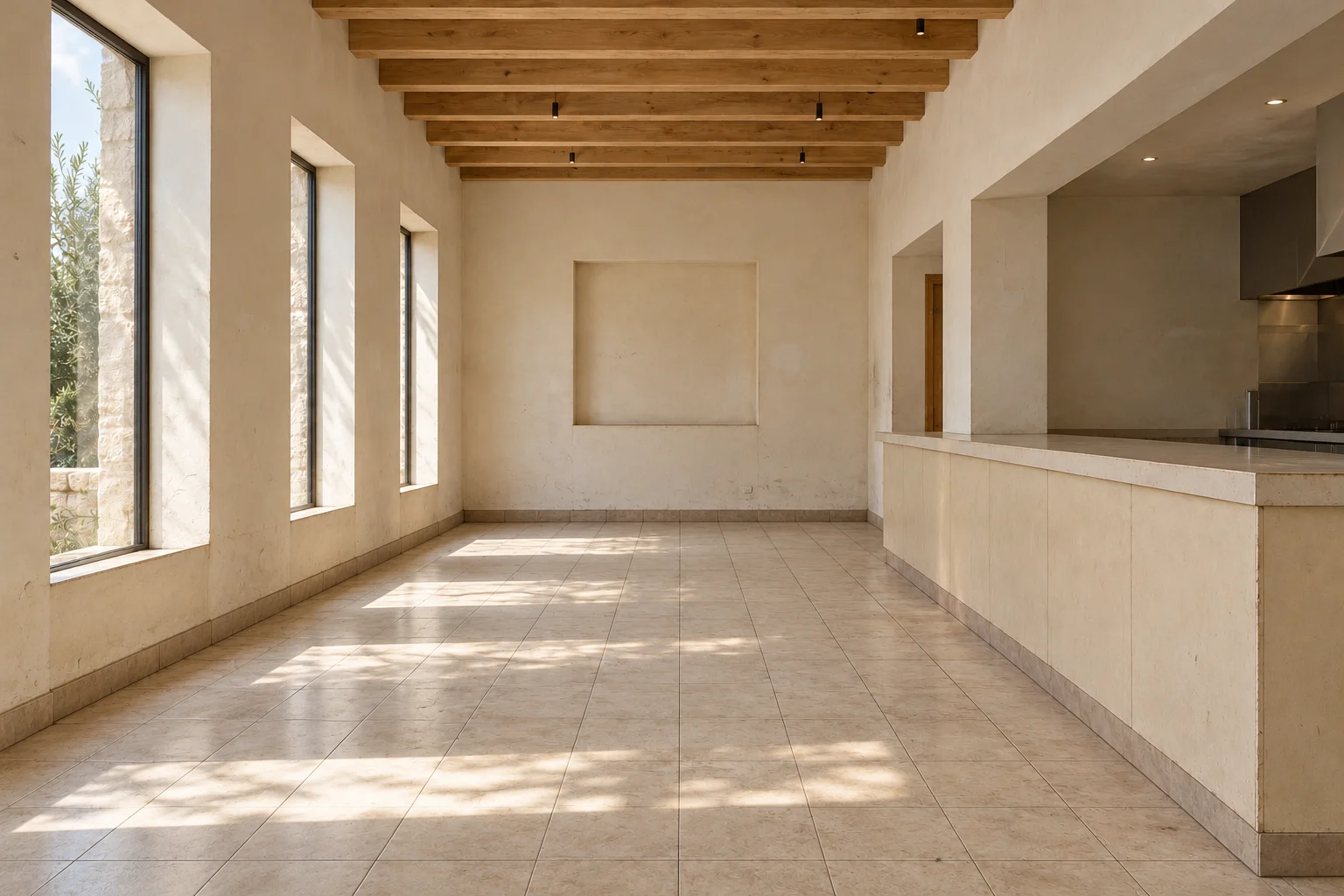 Restaurant interior before renovation with tired finishes