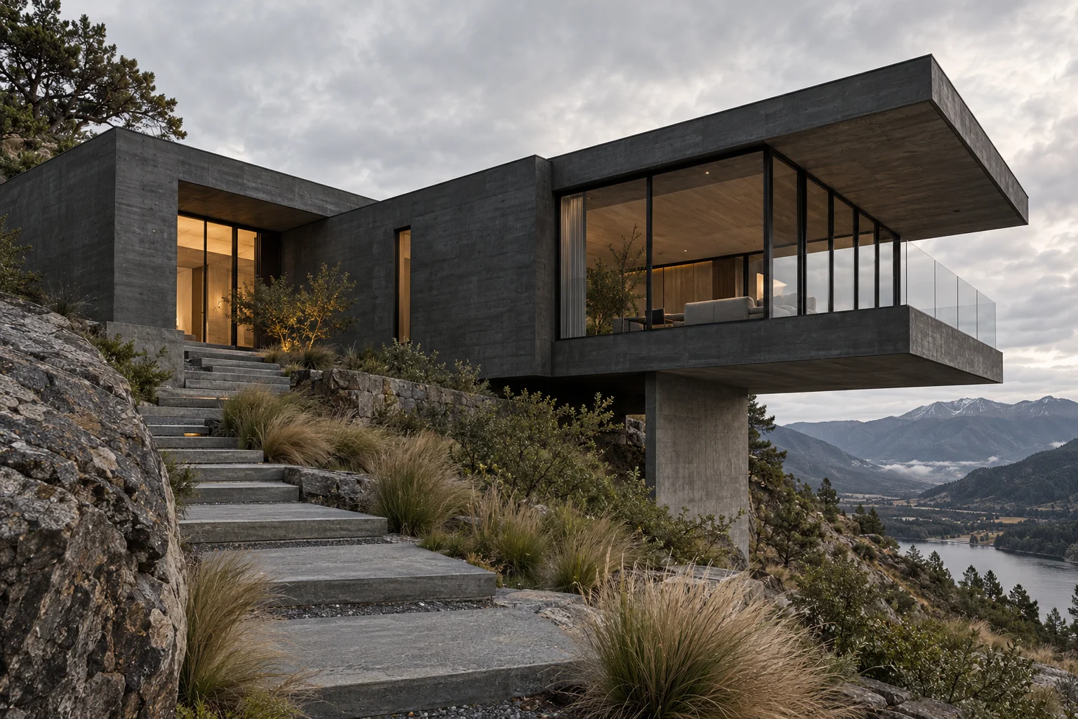 Angular charcoal and concrete hillside house overlooking a valley
