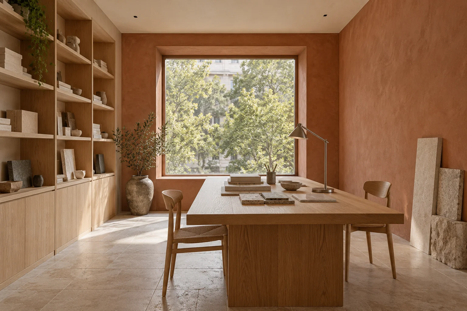 Compact clay and oak live-work studio with integrated furniture