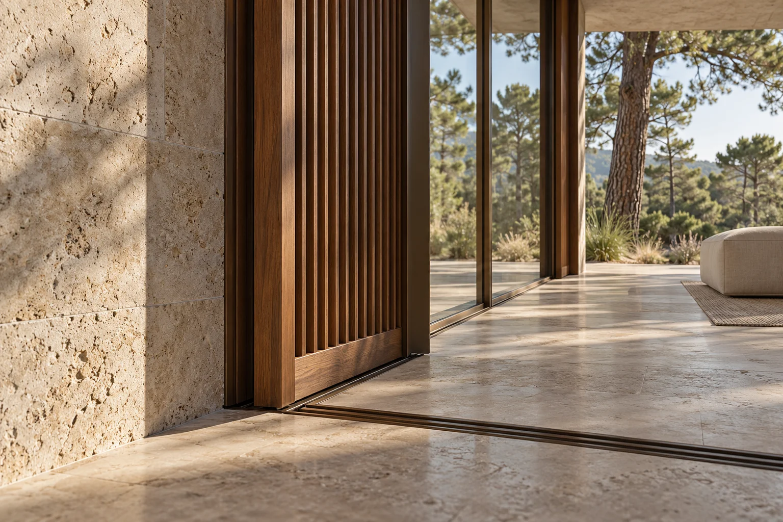 Walnut frame meeting a textured limestone wall
