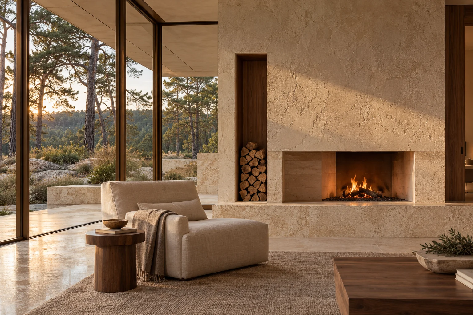 Limestone fireplace with a built-in timber seat