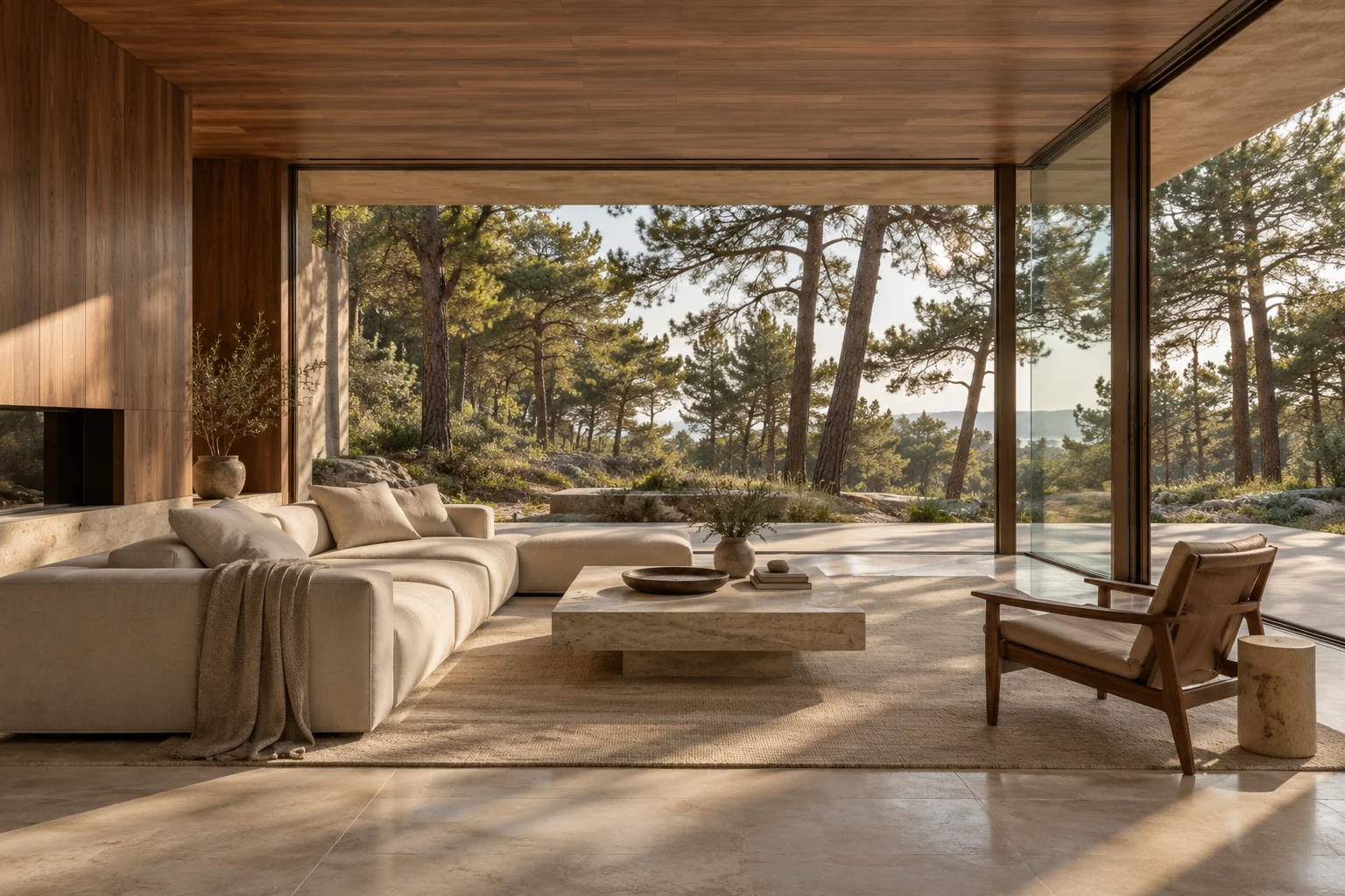 Timber-lined retreat living room facing the pine landscape