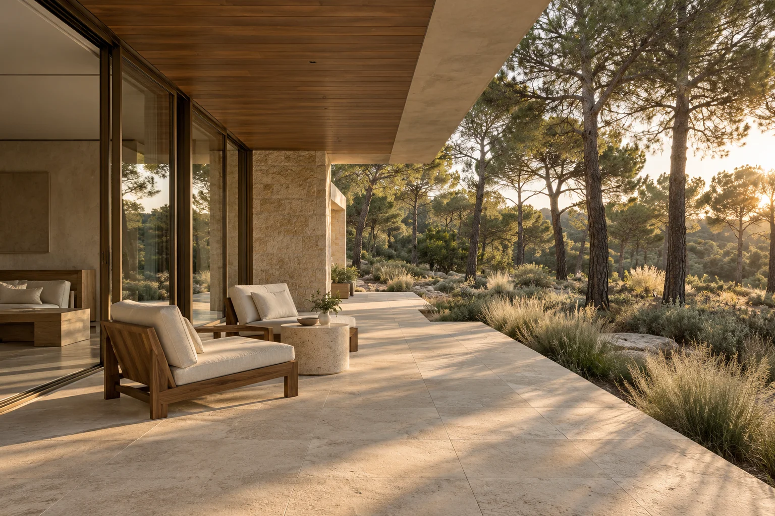 Covered terrace among pine trees